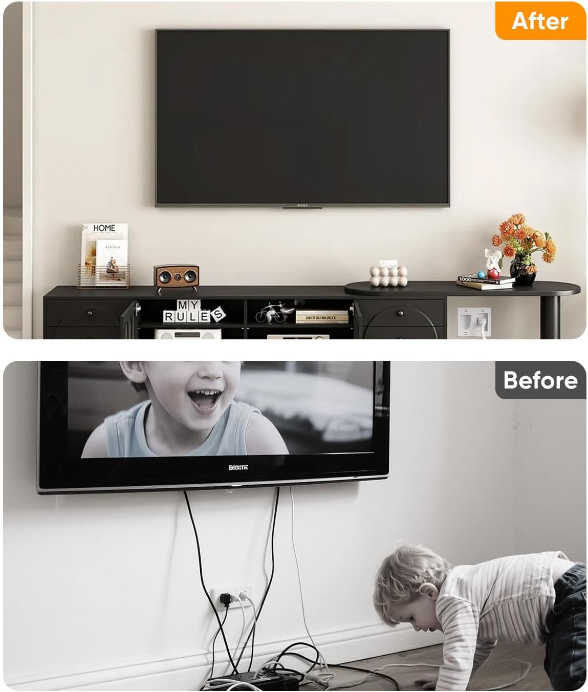 FORGING MOUNT TV Cord Hider for Wall Mounted TV with 2 AC Outlets,USB-A/USB-C Ports,in-Wall Cable Management Kit,Hide All Cables & Wires Behind The AV,Includes Drill Templates,Extension Cord-White
