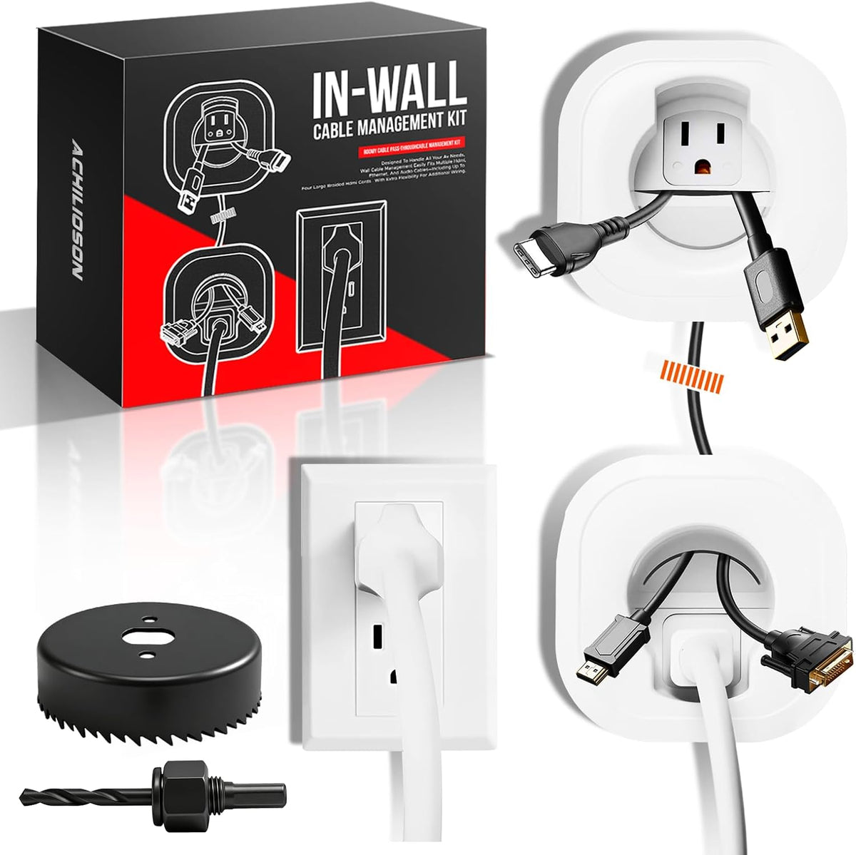 in-Wall Cable Management Kit for Wall Mounted TV, TV Cord Hider Wall Kit with Power & Low Voltage Cable Pass Through, Recessed Cable Management for HDMI Ethernet Speaker Wires, White