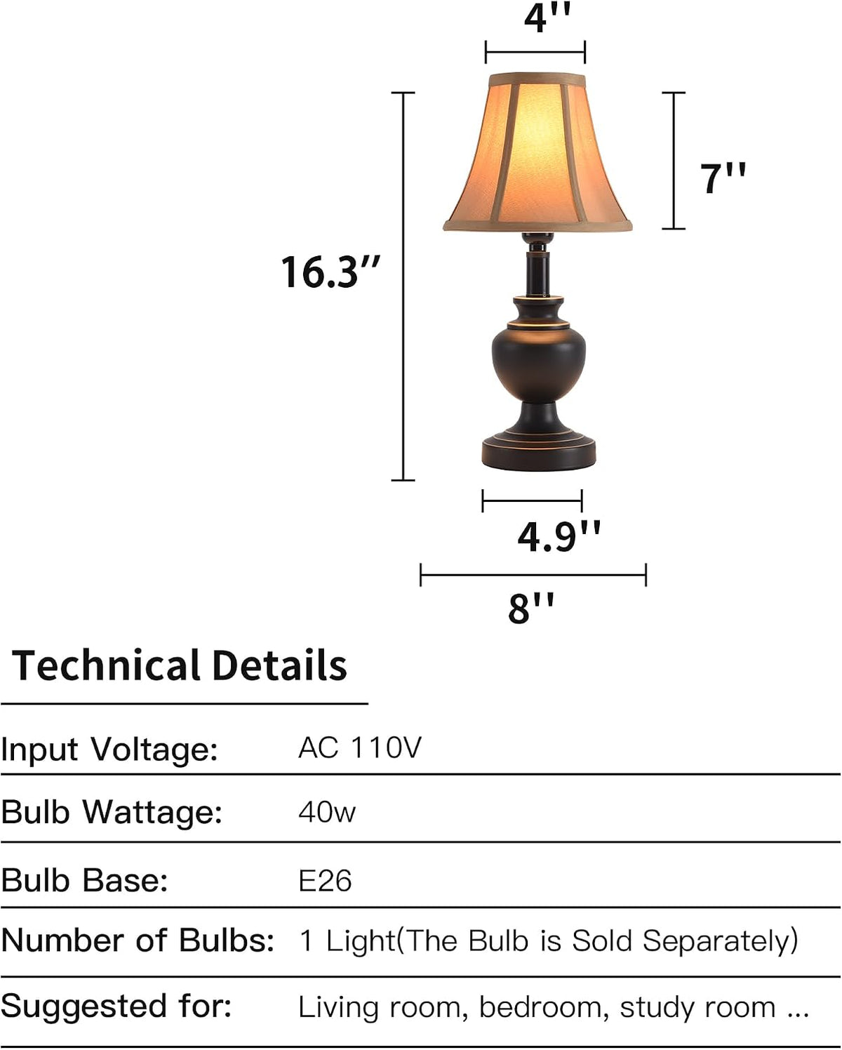 Traditional Table Lamp, Desk Lamp for Living Room with Fabric Shade
