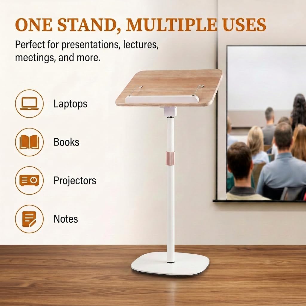 Lectern Podium Stand, Height Adjustable 37"-51" Portable Floor Standing Wooden Podium for Classroom Teacher, Church Pulpit, Wedding Speech, Reading, Laptop Desk, Book & Music Stand, Natural Wood