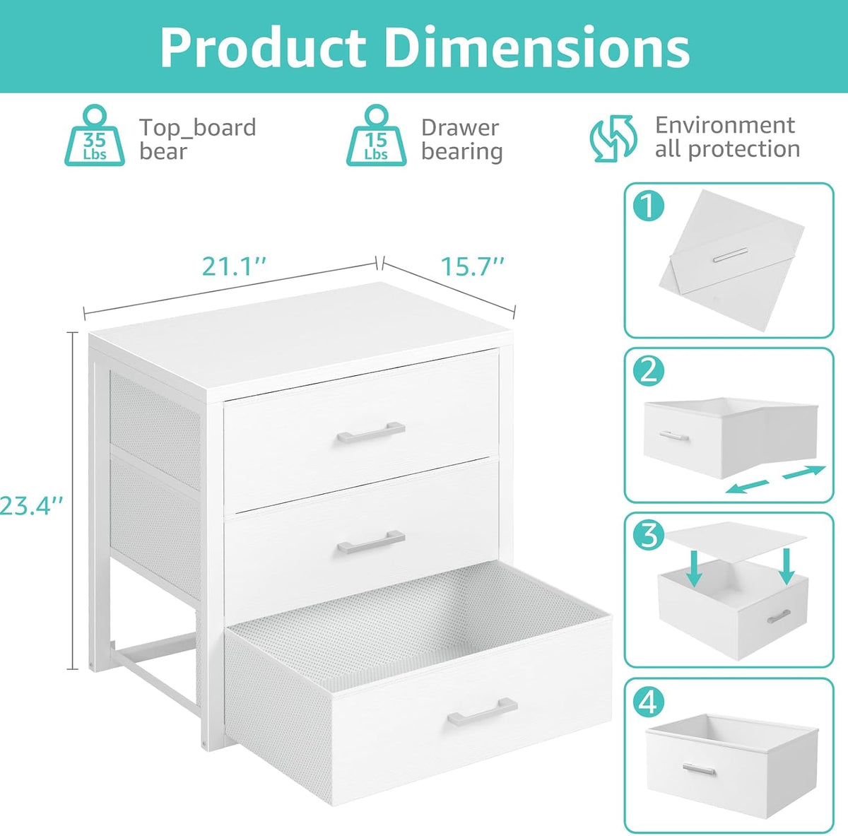 BOLUO Closet Drawers White 3 Drawer Dresser for Closet Organizers and Storage Bedroom Dorm Modern