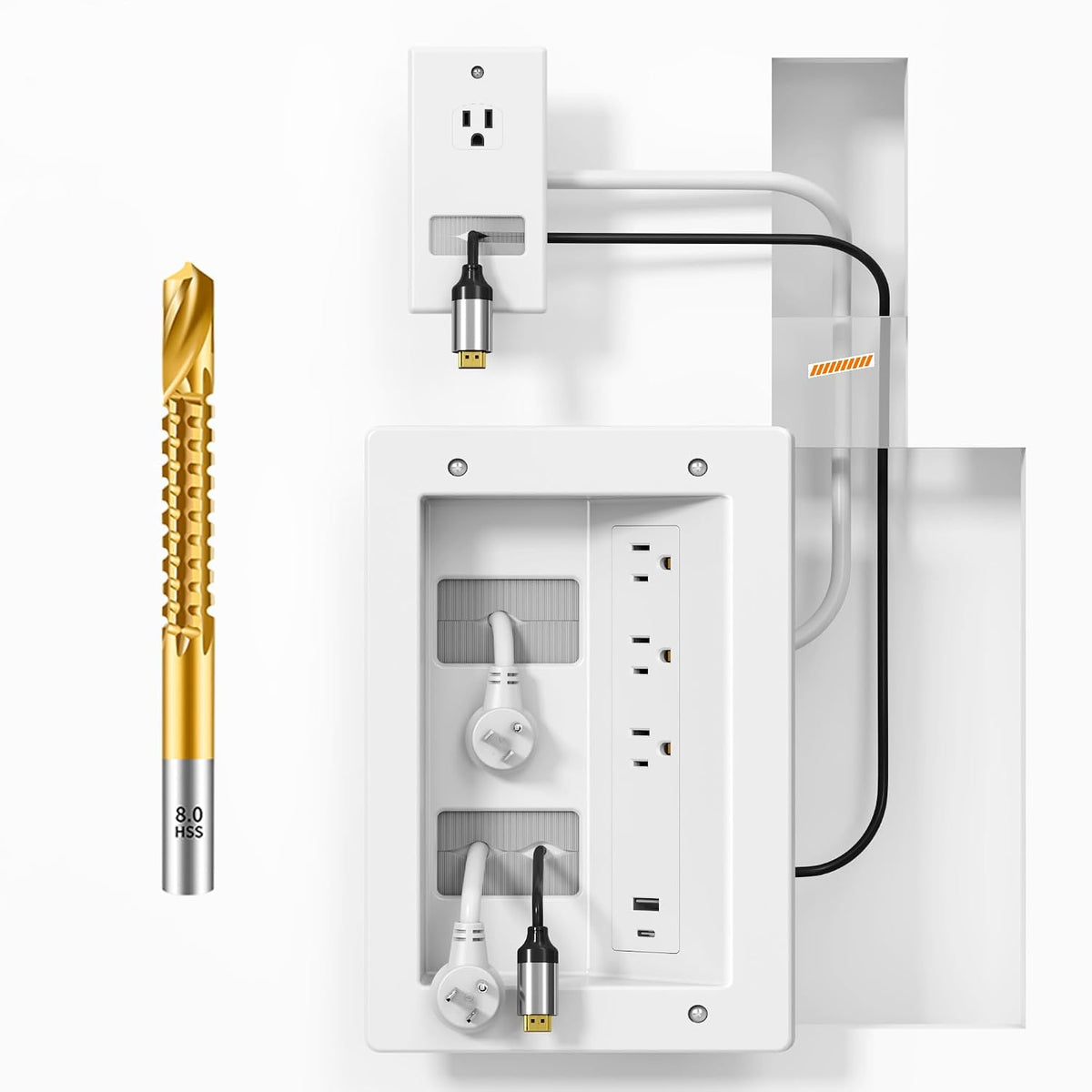 in Wall TV Cable Management Kit with Recessed Outlet – Triple Outlet and USB Ports, 7ft Cord(4ft+3ft), Drywall Cutting Drill Bit and Hand Saw – Easy, Safe TV Wire Hider for Wall