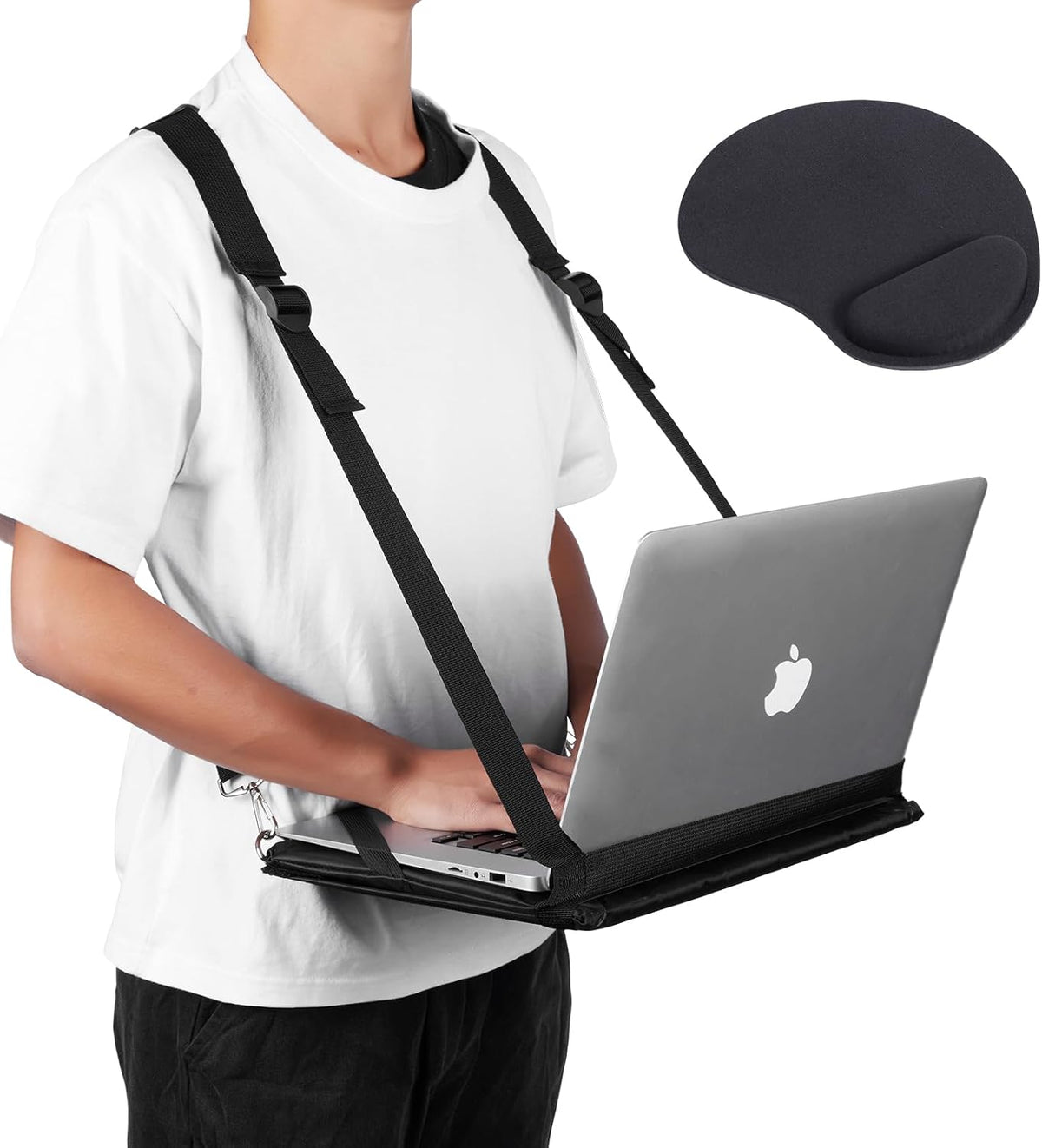 Laptop Harness - Wearable Laptop Stand for Up to 14" Laptops, Tablets & E-Readers - Adjustable Straps, Includes Memory Foam Mouse Pad (14 Inch)