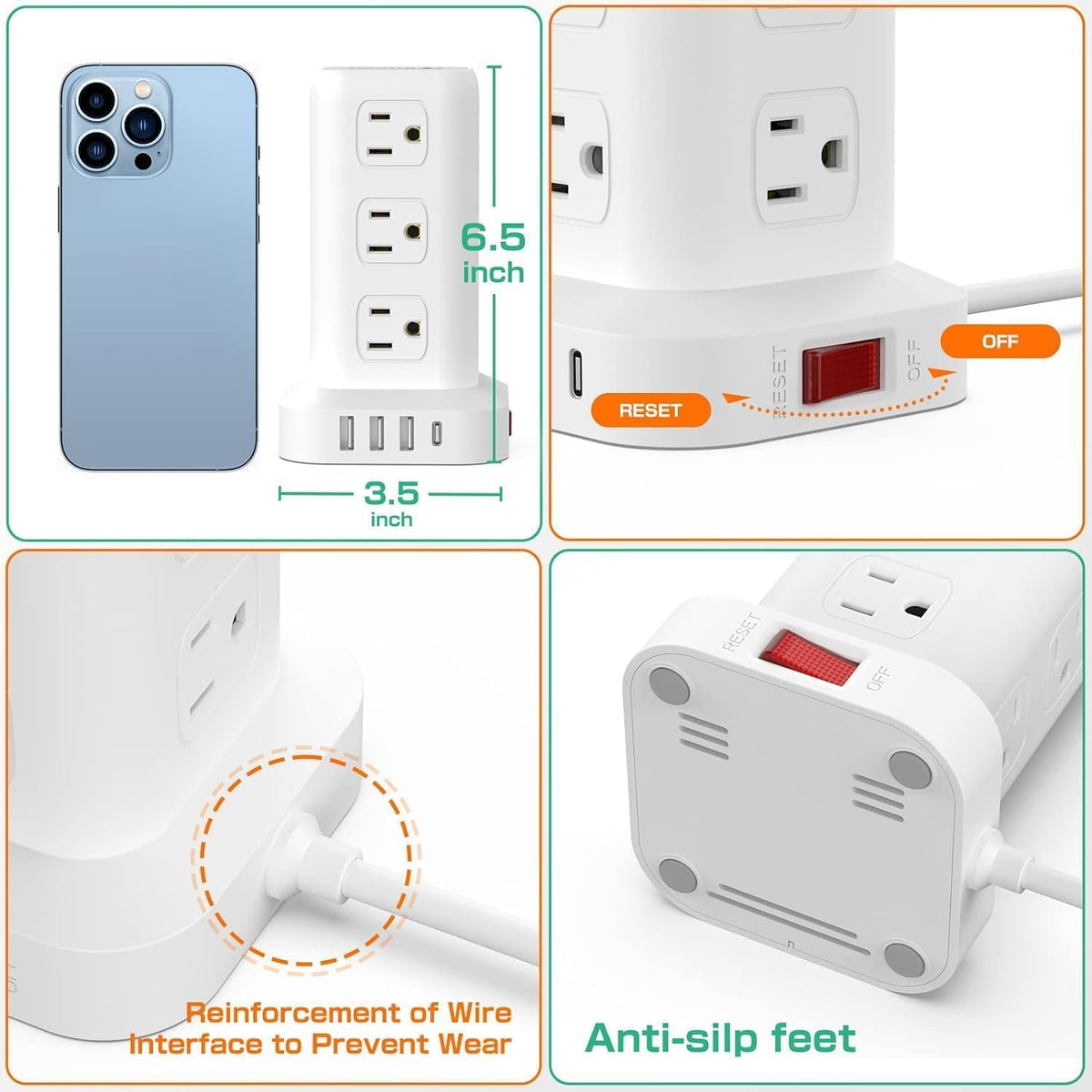 6.5Ft Power Strip Tower with 12 Widely Outlets & 4 USB Ports