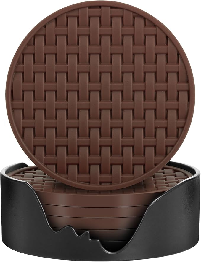 Brown Silicone Coaster with Holder Set of 6, 4 Inch Non-Slip Cup Mats | Round