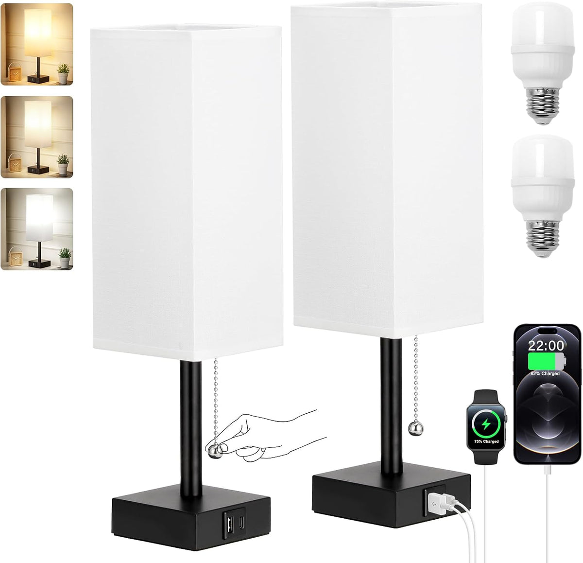 Set of 2 White Bedside Table Lamps for Bedroom - Nightstand Lamp, USB C+A