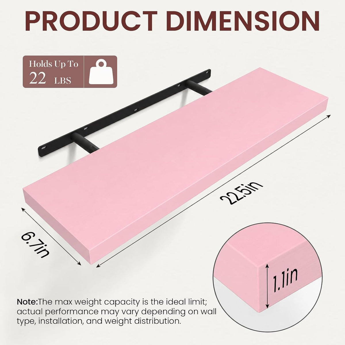 BAYKA Pink Floating Shelves 22.5in, Set of 2, Wall Mounted for Wall Decor