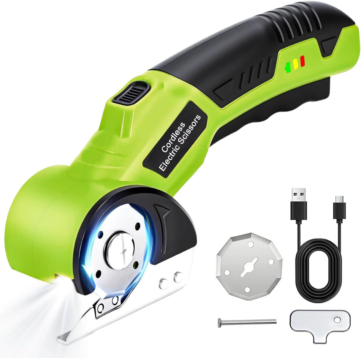 Cordless Electric Scissors, 4V Rechargeable Rotary Cardboard Cutter, 2 Blades, Safety Lock & LED Light, Multipurpose Cutter for Carton, Fabric, Carpet, Plastic, Leather