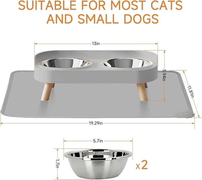 Elevated Cat Bowl with Food Mat, Raised Cat Food and Water Bowl Set