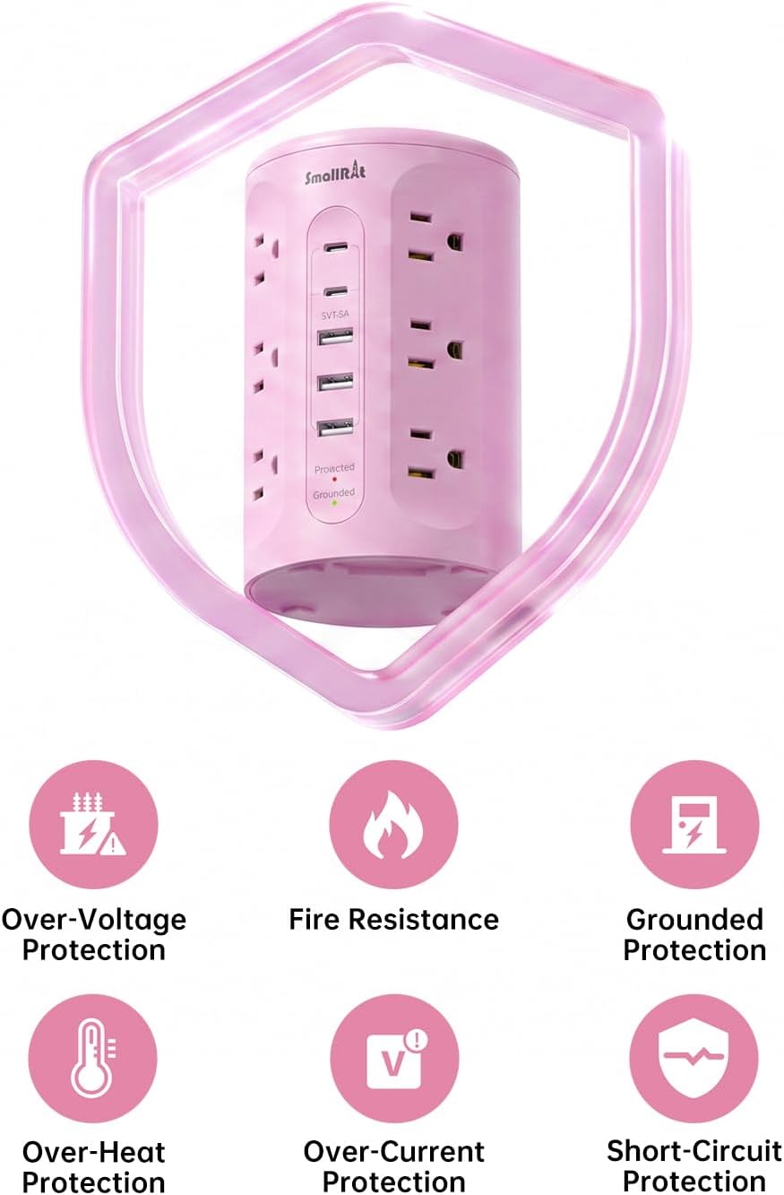 Power Strip with USB Ports,Extension Cord with Multiple Outlets (12AC+3A+2C), 6.5 FT Desk Pink Power Strip Tower Charging Station for Home, Office, College Dorm Essentials
