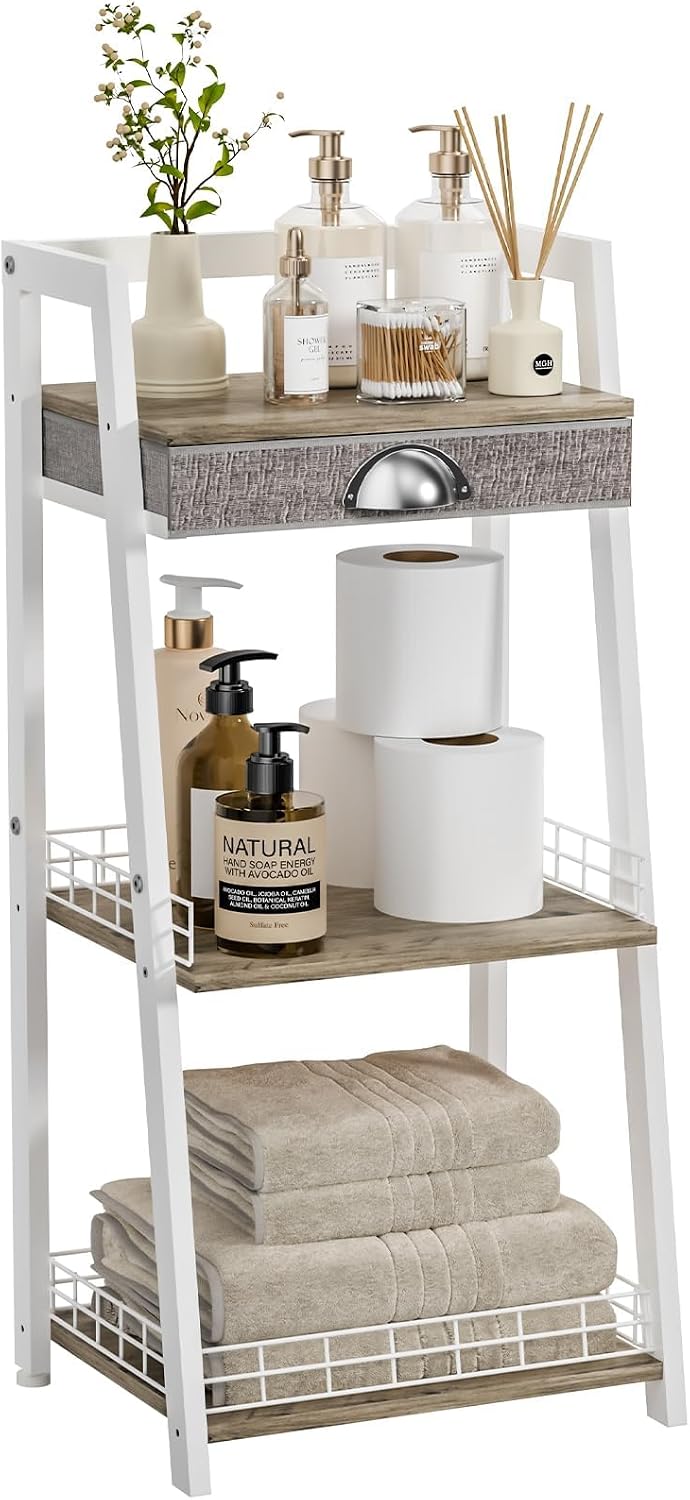 keomaisyto 3-Tier Small Bathroom Shelves with Drawer, Floor Storage Shelf, Small Bathroom Stand Rack, Freestanding Ladder Shelf for Living Room Bedroom, White