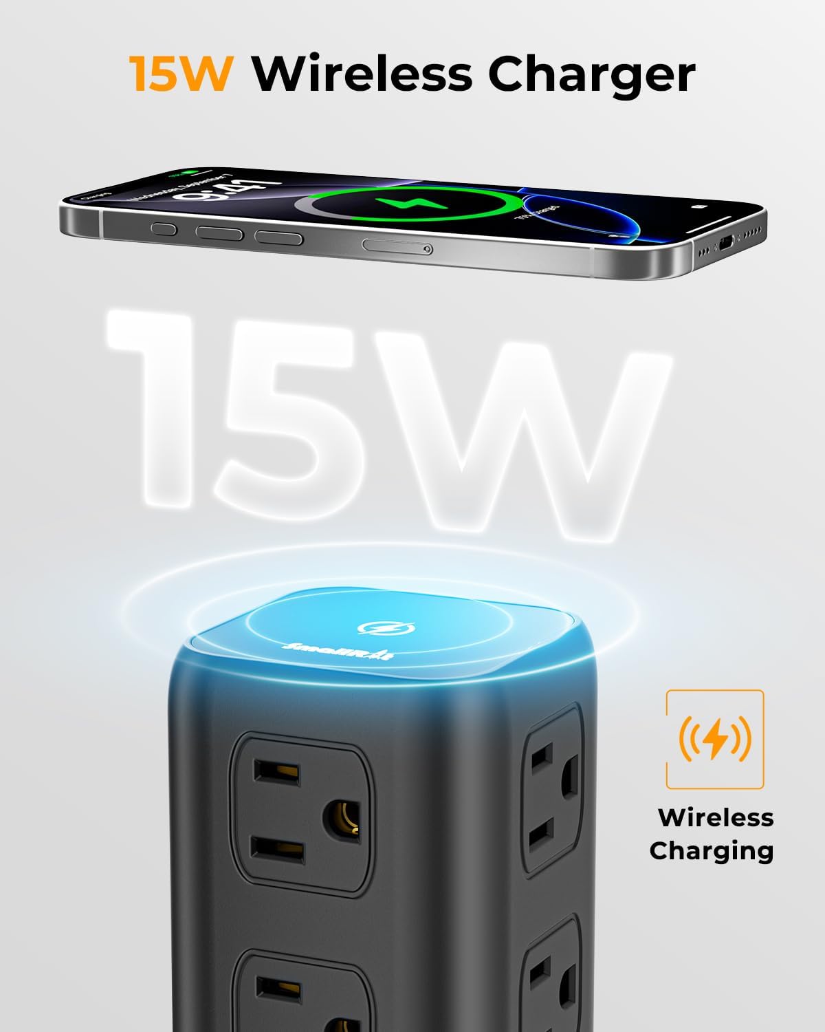 Power Strip with 12 Outlets 4 USB (1 USB C), 10Feet Extension Cord with Multiple Outlets, Charging Station, Power Strip Tower, Home Office Desk Supplies
