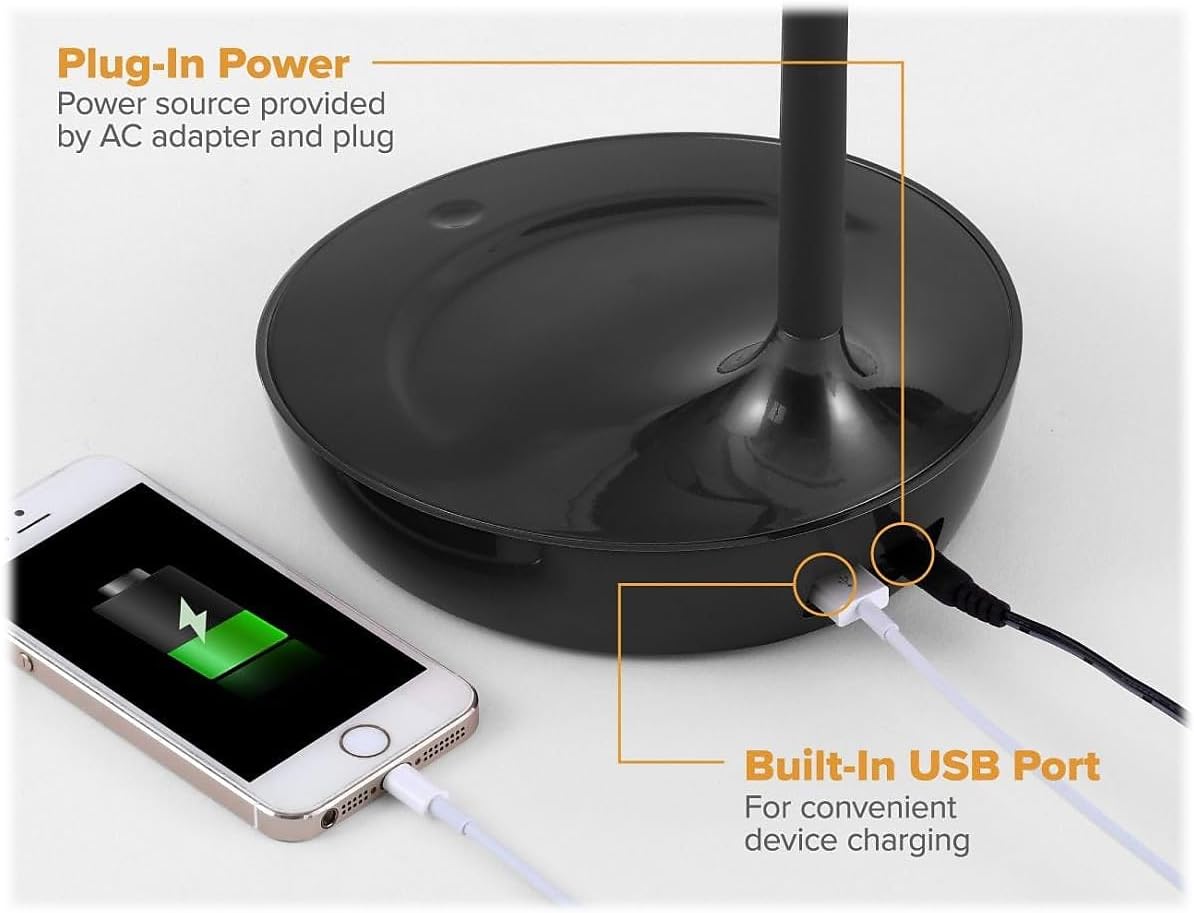 Bostitch Office KT-VLED1502-BLK Gooseneck LED Desk Lamp with USB Charging Port, Dimmable, Black