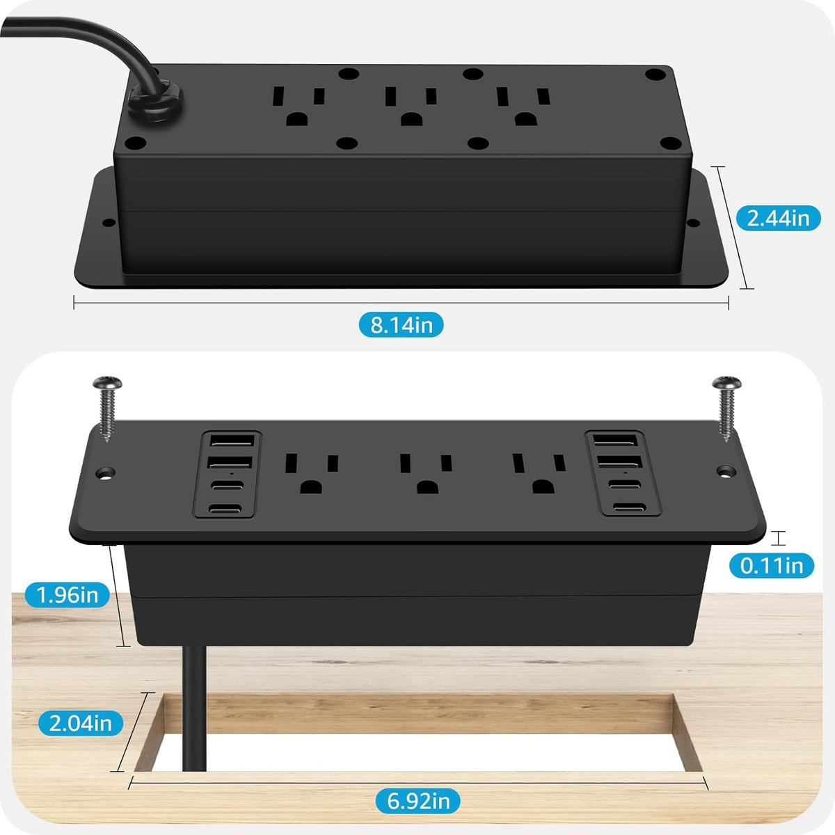 HHSOET 6 Outlets Recessed Power Strip, 20W USB C Ports, Black, 6FT, 1