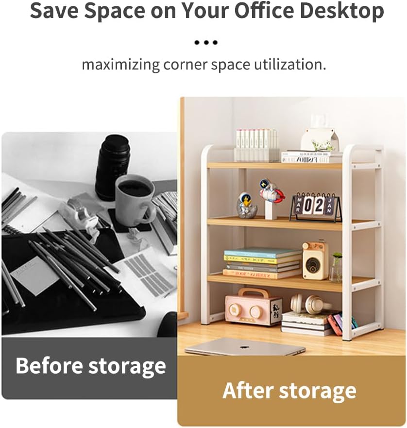 Office Desk Shelf Organizer, Wood Desktop Bookshelf Supplies Storage Rack, Shelf for Top of Desk and Dresser and Cubicle Decor Aesthetic Bookshelf (Black Wood-three Tier, 15.75 Lx7.87 Wx22.05 H)
