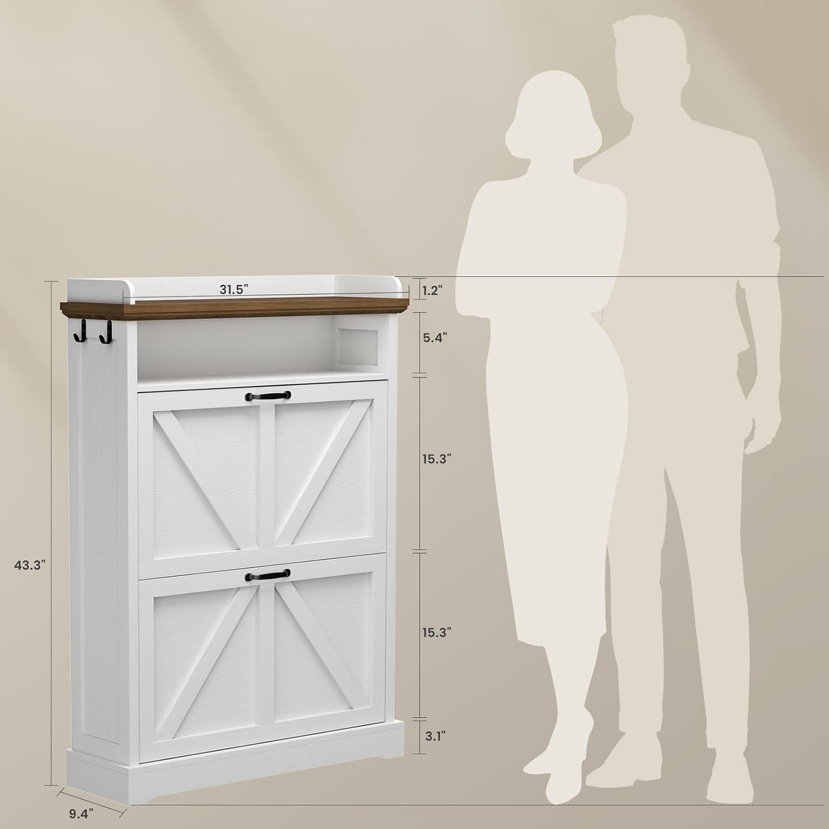 Farmhouse 31.5" Shoe Cabinet with 2 Flip Drawers & Open Storage, White