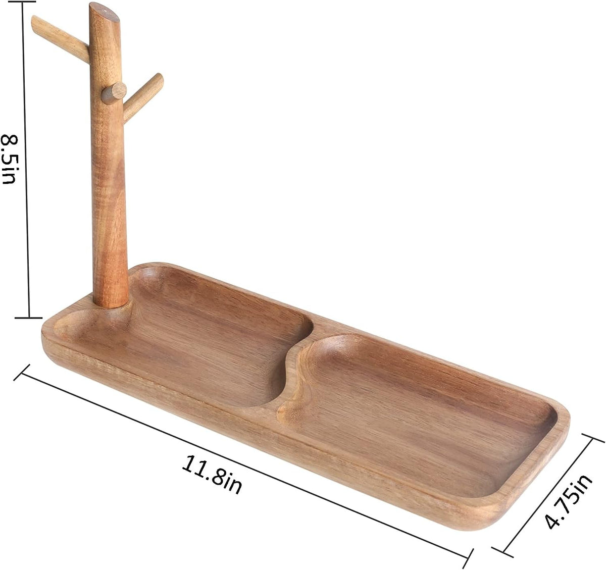 Wood Key Tray for Entryway Table, Jewelry Tray, Catchall Tray with 3 Stand Hanging Organizer, for Rings, Phone, Bracelets Watches