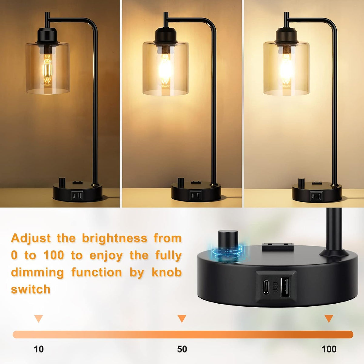 Industrial Bedside Desk Lamps for Bedroom - Grey Smoked Glass Shade Table Lamp with USB C Port, Fully Dimmable Small Lamps with USB Port and Outlet, Reading Nightstand Lamps for Office Living Room
