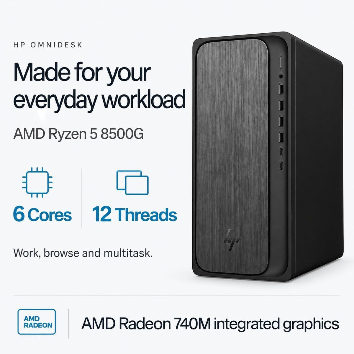 HP OmniDesk Business Tower Desktop, AMD Ryzen 5 8500G (8 Cores, Up to 5GHz), 16GB DDR5, 256GB SSD, WiFi 6, Bluetooth 5.4, Radeon 740M Graphics, 4 Displays, Wireless Keyboard&Mouse