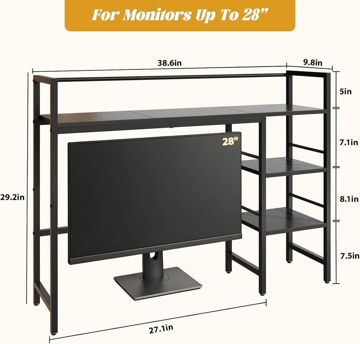 HavenlyYouth Desk Shelf, 38.6 Inch Wood Desk Organizer Shelf for Computer Monitor, Desk Hutch Storage, Desktop Shelf for Top of Desk, 3 Tier Desktop Bookshelf for Home Office Dorm, Black