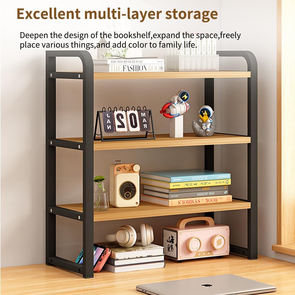 Office Desk Shelf Organizer, Wood Desktop Bookshelf Supplies Storage Rack, Shelf for Top of Desk and Dresser and Cubicle Decor Aesthetic Bookshelf (Black Wood-three Tier, 15.75 Lx7.87 Wx22.05 H)