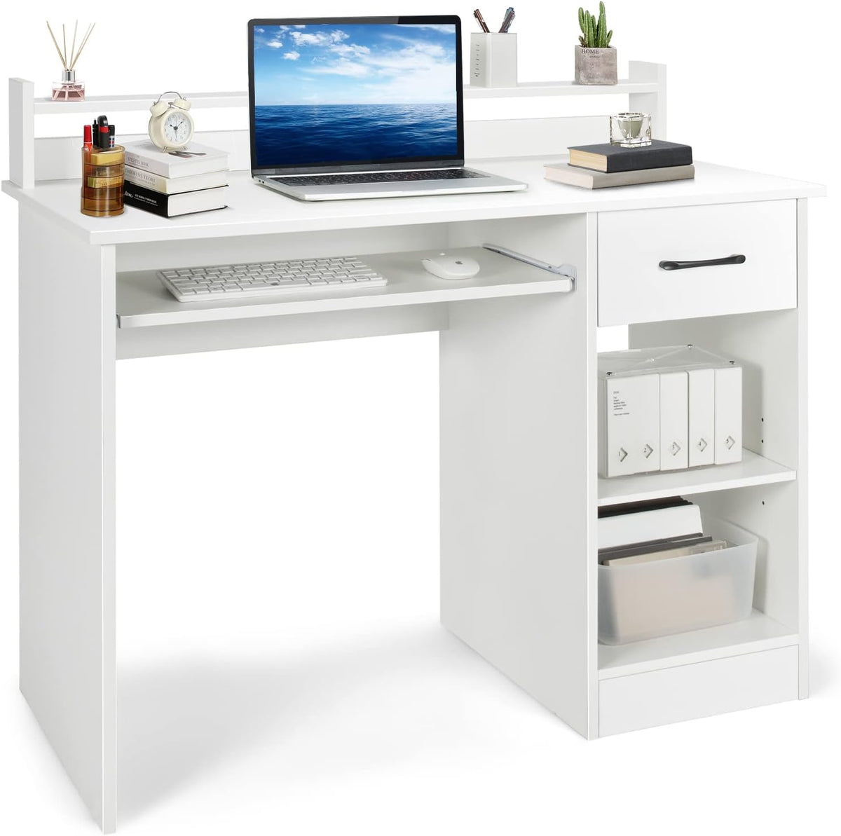 Computer Desk with Hutch & Keyboard Tray, Home Office Workstation with Drawer, Adjustable Shelves, Modern Vanity Table for Bedroom, Wooden Writing Study Laptop PC Desk (White)