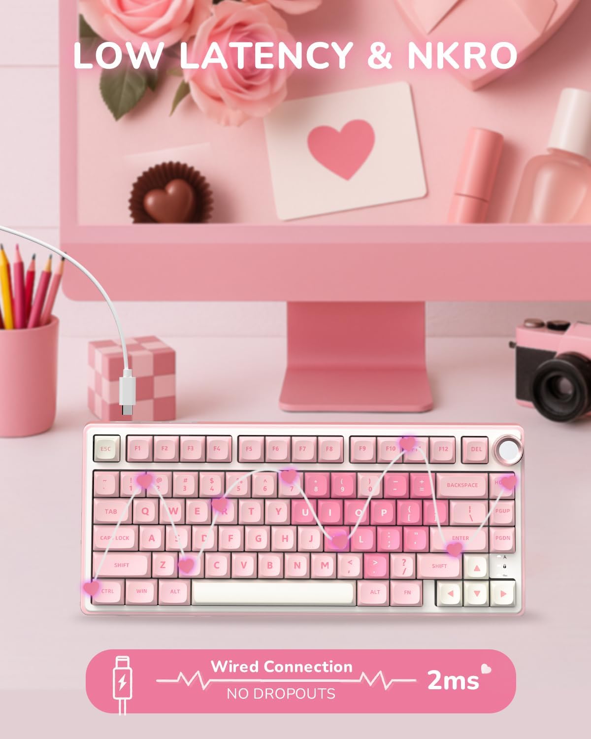 RK ROYAL KLUDGE R75 Mechanical Keyboard Wired with Volume Knob, 75% Keyboard Gasket Mounted, Hot Swappable, Creamy Sound, MDA Profile, PBT Keycaps, Pink