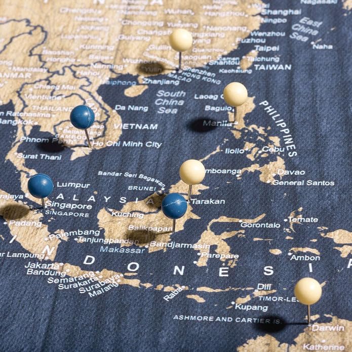 Conquest Maps World Travel Map with Pins Deep-Sea Drift Style Push Pin Travel Map Cork Board, Track Your Travels w/a Handmade Unique Canvas Pinable Map (24" x 16")