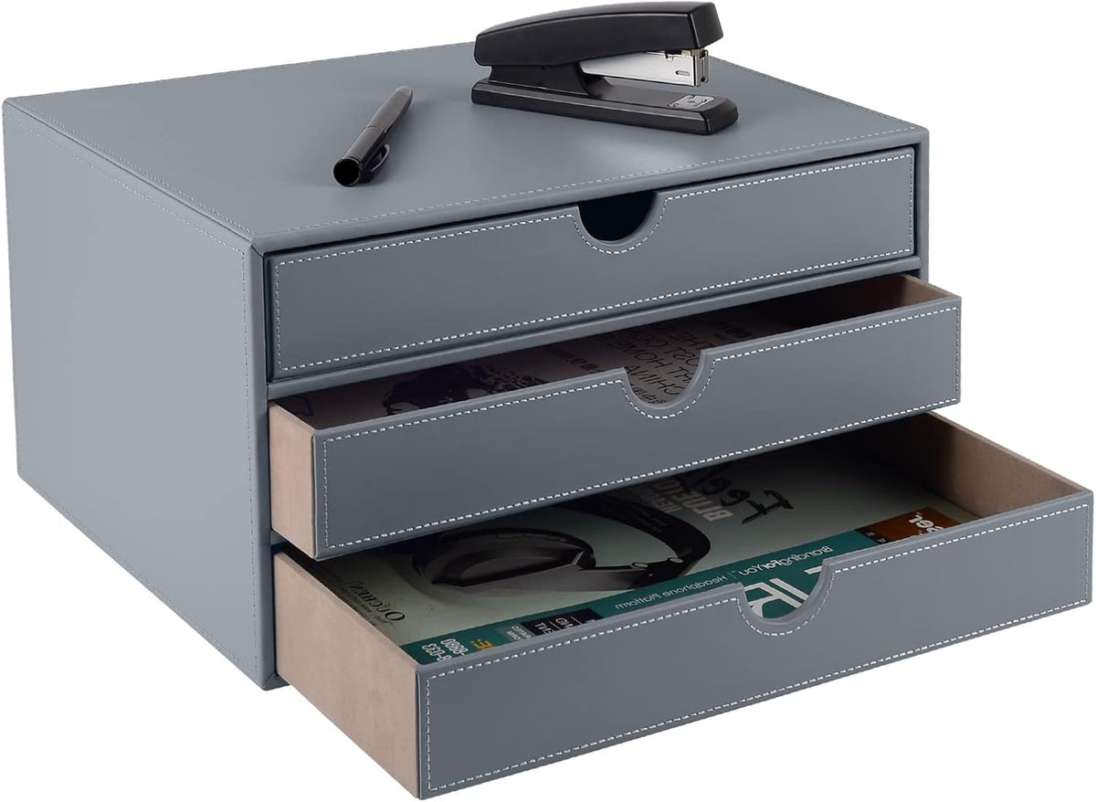 PU Leather Desk Organizer with 3 Drawers,Executive Office Supplies Desktop Filing A4 File Cabinet/Holder for Jewelry/Bill/Paper/Documents/Makeup Home Decor Stationery Storage Box,Grey