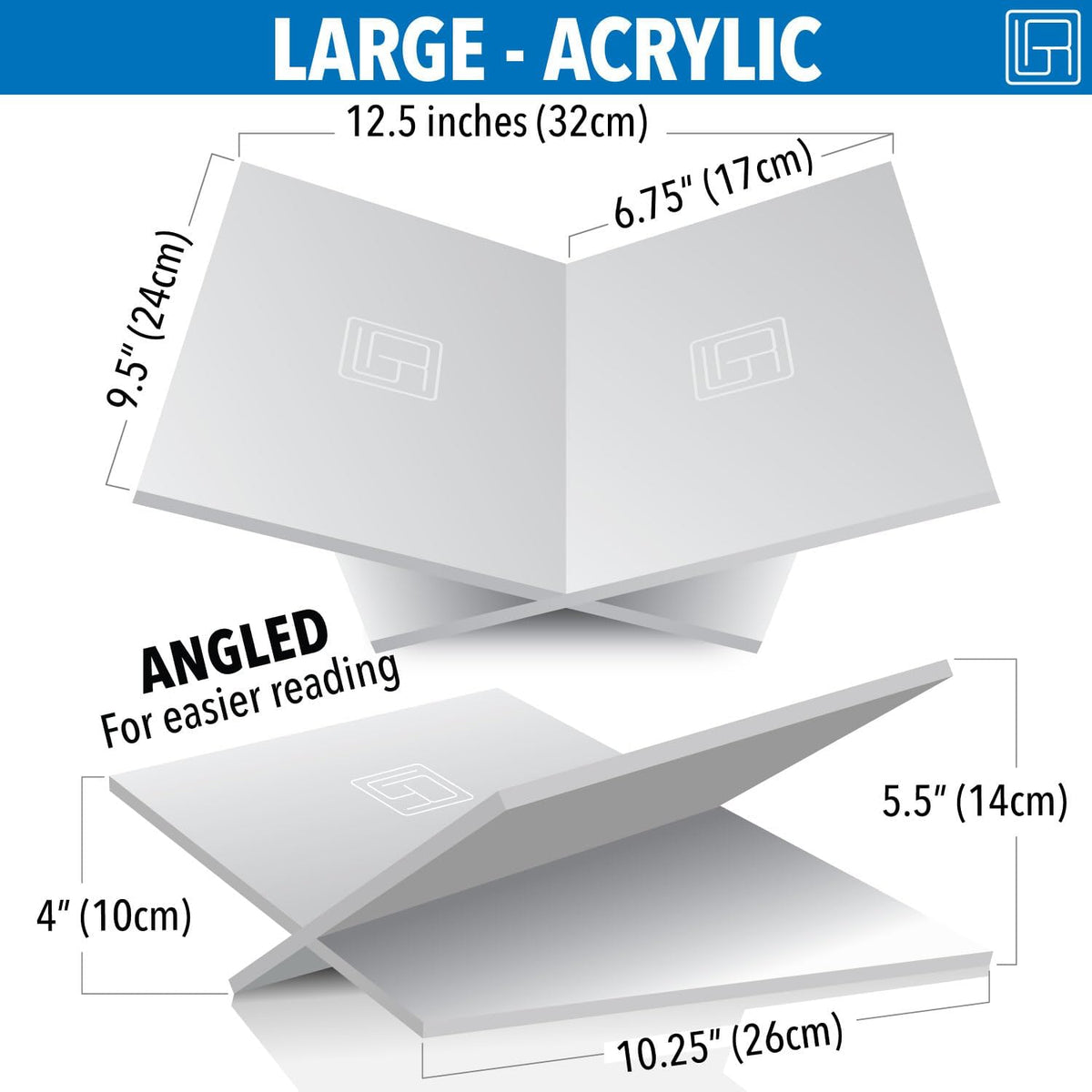 Large White Acrylic Book Stand, 12.5" x 9.5" x 5.5”, Acrylic Book Holder, Open Bookstand for Display and Reading Cookbooks, Art Books, Bibles, Magazines - Home and Office