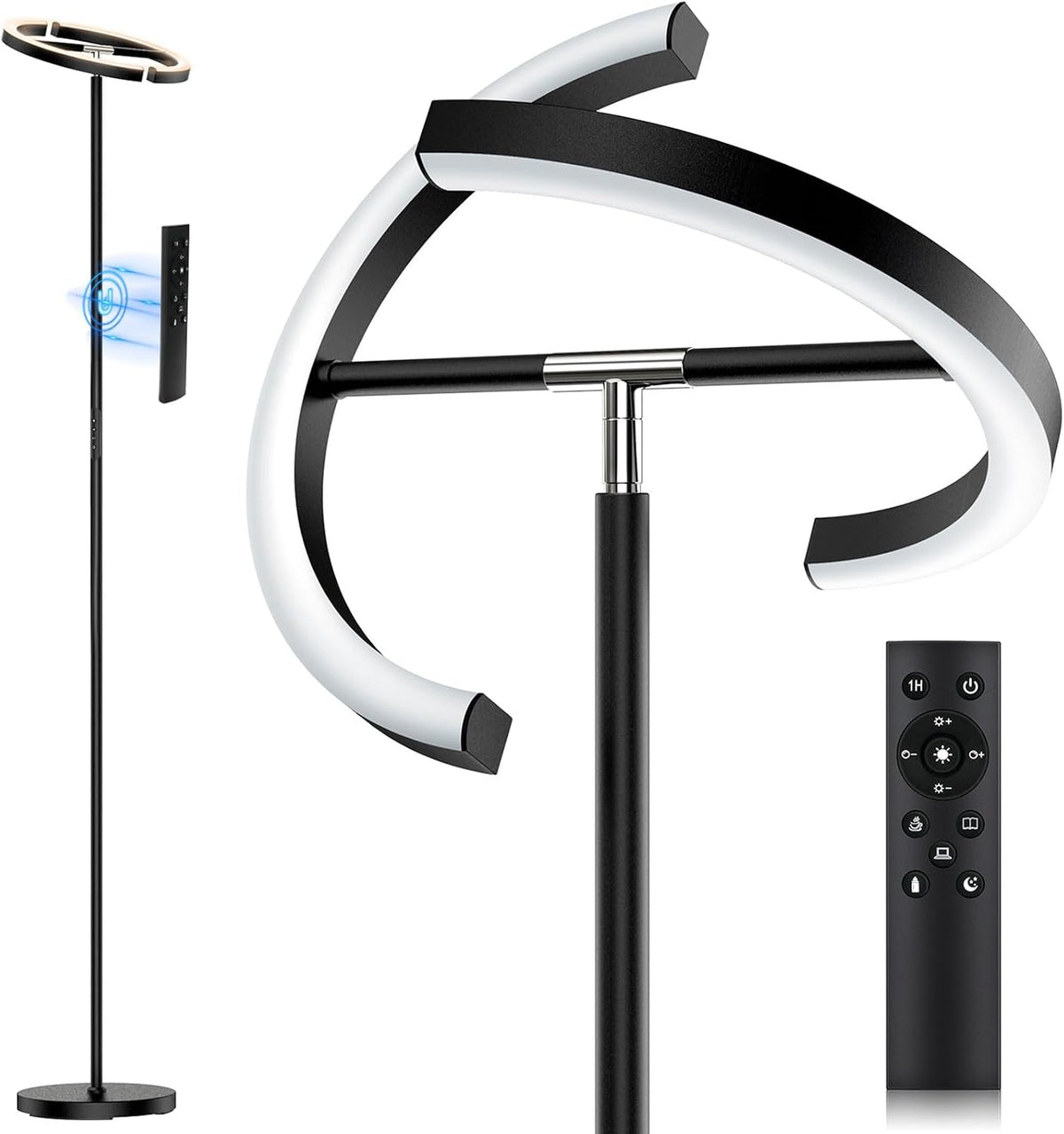 SIBRILLE LED Floor Lamp - Dimmable Tall Standing Lamp with Remote Control/Button, 3000-6500K, 22W Modern Floor Reading Light, Uplighter Corner Floor Lamp for Living Room Bedroom Office, Black