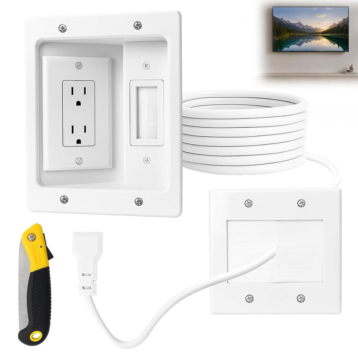 in-Wall TV Cable Management Kit with Recessed Dual AC Outlet, 9FT Extension Cord & Brush Wall Plate, TV Wire Hider for Wall Mounted TV, Power & Low Voltage Cable Concealer (2AC)
