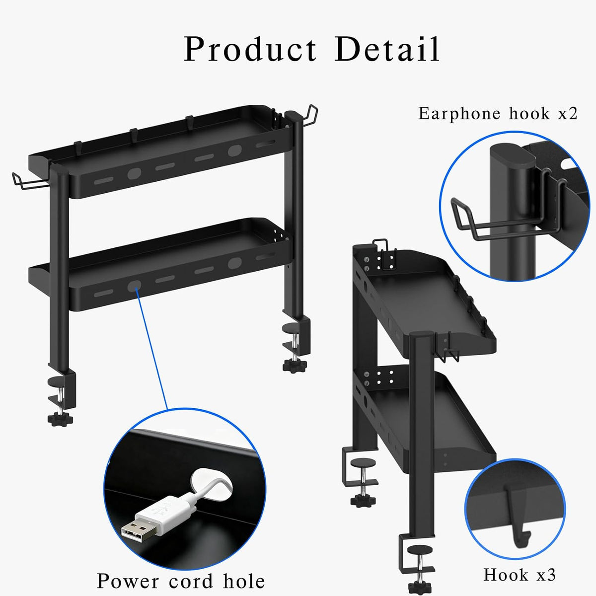Clamp on Desk Shelf, 17in 2-Tier Office Desk Shelves Organizer, Small Shelf for Top of Desk with Headphone Holder and Hooks, Desktop Storage Rack for Home Workspace, Study Rooms, Gaming Accessories