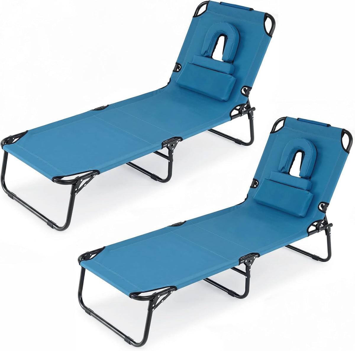 GYMAX Tanning Chair, Folding Lounge Chairs with Face Hole & Cover, Removable Pillow Carry Handle, Portable Compact Outdoor Layout Recliner for Beach, Poolside, Lawn, Patio, Camping (Blue,2)