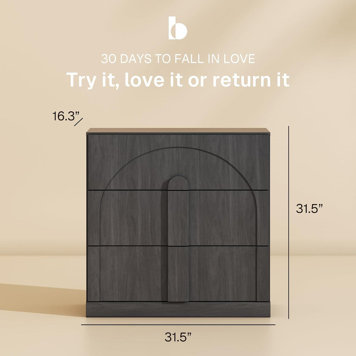 BELLEZE Sideboard Cabinet with 3 Drawers, Set of 4 Modern Wood Buffet Cabinet with Arc Design, Large Fluted Sideboard with Storage for Kitchen Living Room Entryway, Ebony
