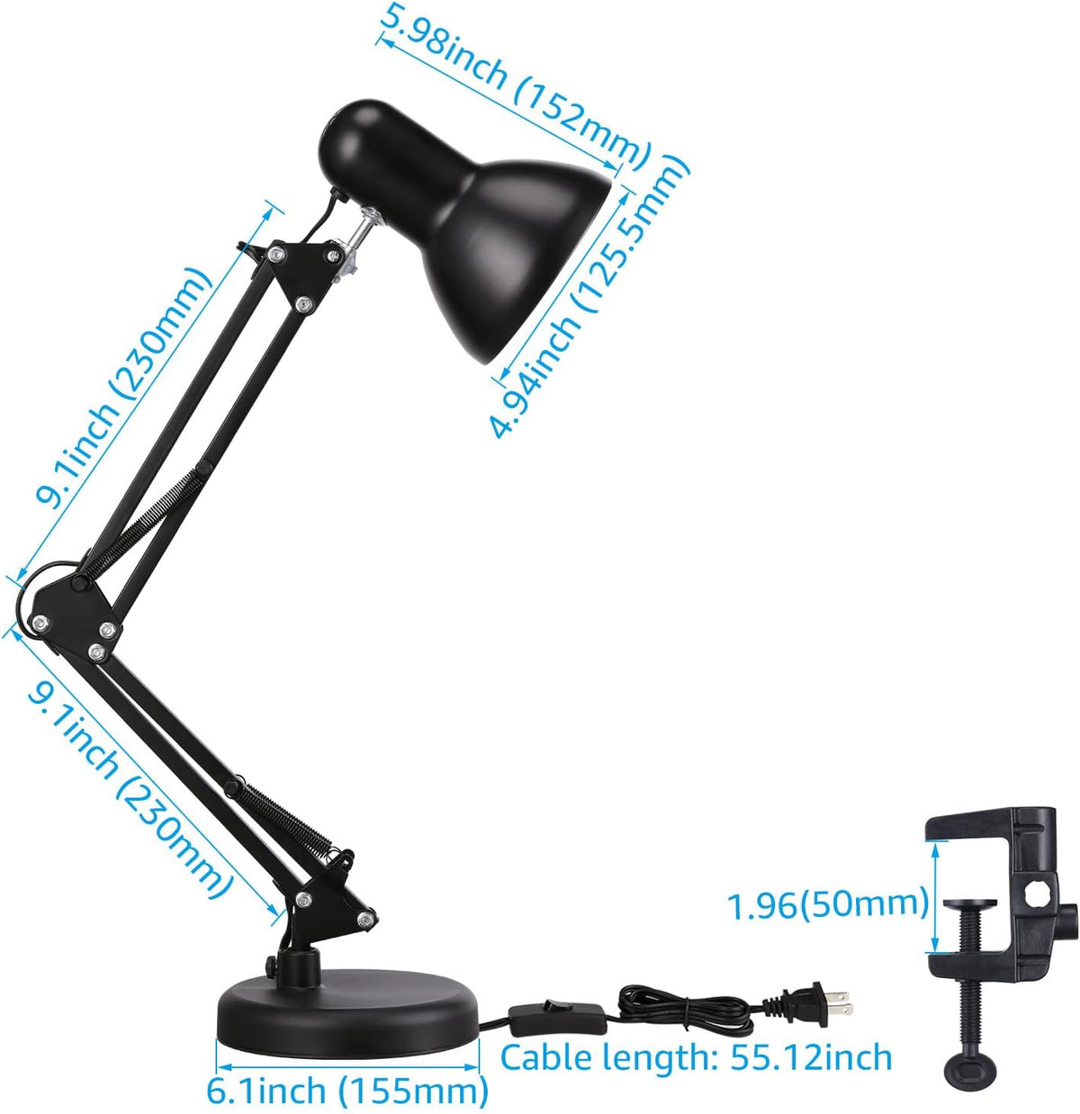 TORCHSTAR Metal Desk Lamp, Adjustable Swing Arm, E26, Black (Pack of 2)