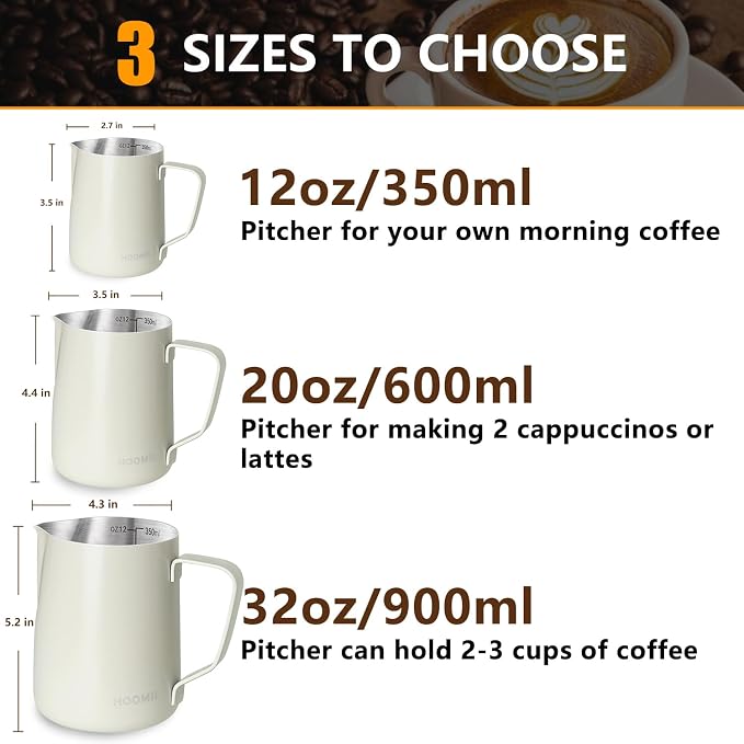 HOOMIL Milk Frothing Pitcher, 12oz/20oz/32oz 304 Stainless Steel | Steaming