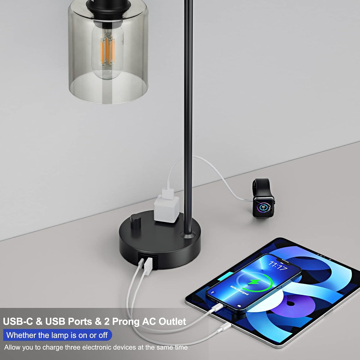 Industrial Bedside Desk Lamps for Bedroom - Grey Smoked Glass Shade Table Lamp with USB C Port, Fully Dimmable Small Lamps with USB Port and Outlet, Reading Nightstand Lamps for Office Living Room