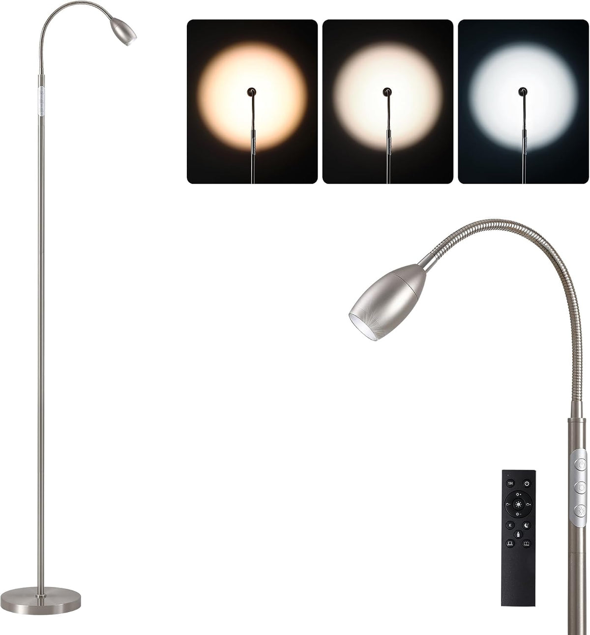 72" Reading Floor Lamp,Gooseneck LED Lamp with Zoomable Spotlight,Nickel
