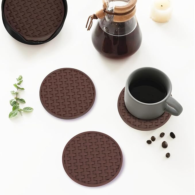 Brown Silicone Coaster with Holder Set of 6, 4 Inch Non-Slip Cup Mats | Round