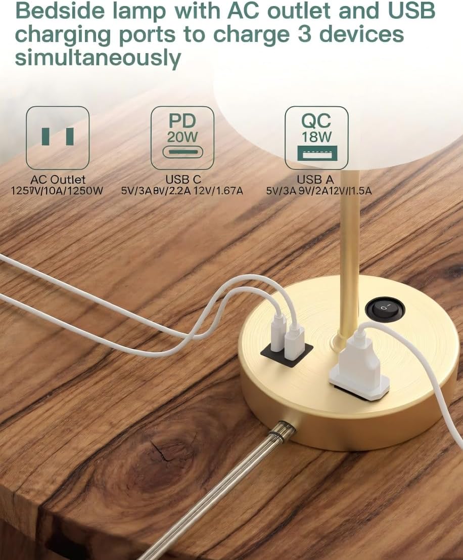 Addtam Bedroom Table Lamp, Bedside Lamp with AC Outlet and USB C Charging Ports(PD 20W), 3-Way Dimmable Lamp with Switch, Lamps with Shade for Night Stands, Living Room, Desk, and Home Office, 6.5Ft