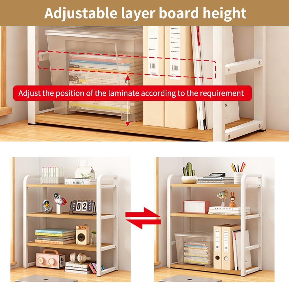 Office Desk Shelf Organizer, Wood Desktop Bookshelf Supplies Storage Rack, Shelf for Top of Desk and Dresser and Cubicle Decor Aesthetic Bookshelf (Black Wood-three Tier, 15.75 Lx7.87 Wx22.05 H)