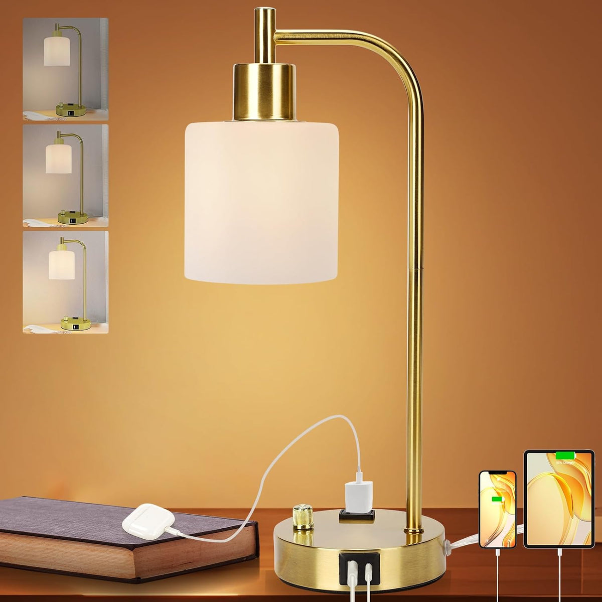 Industrial Table Lamp, Stepless Dimmable Gold Desk Lamp with 2 USB Ports and AC Power Outlet, Frosted GlassShade, Eye-Caring Bedside Nightstand Lamps for Bedroom Living Room Office Reading (GOLD)