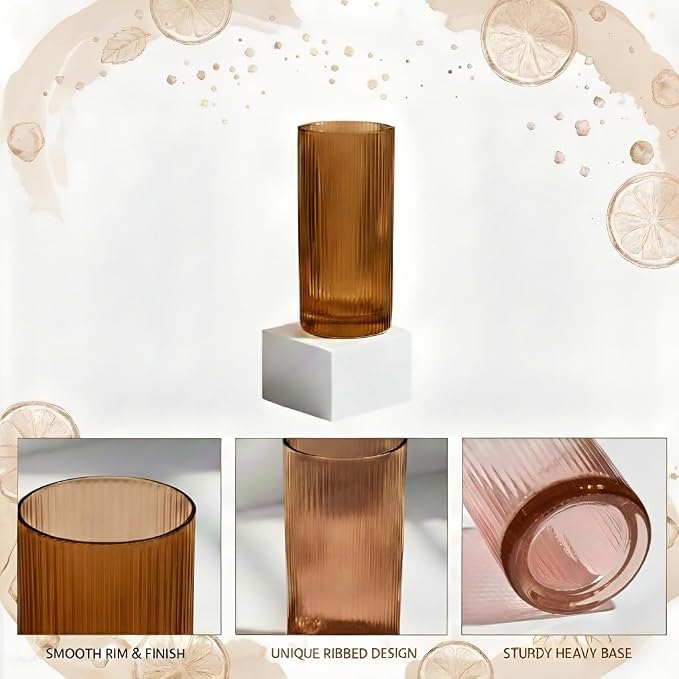 Physkoa Brown Ribbed Drinking Glasses Set of 6 – Vintage Embossed Highball