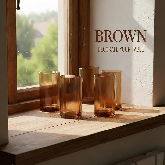 Physkoa Brown Ribbed Drinking Glasses Set of 6 – Vintage Embossed Highball