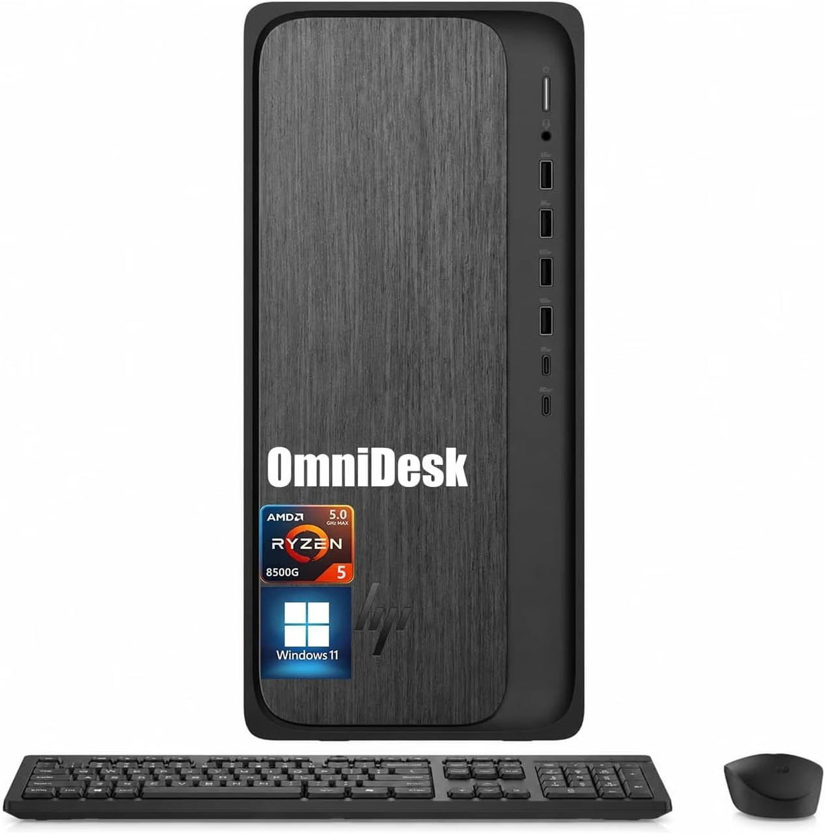 HP OmniDesk Business Tower Desktop, AMD Ryzen 5 8500G (8 Cores, Up to 5GHz), 16GB DDR5, 256GB SSD, WiFi 6, Bluetooth 5.4, Radeon 740M Graphics, 4 Displays, Wireless Keyboard&Mouse