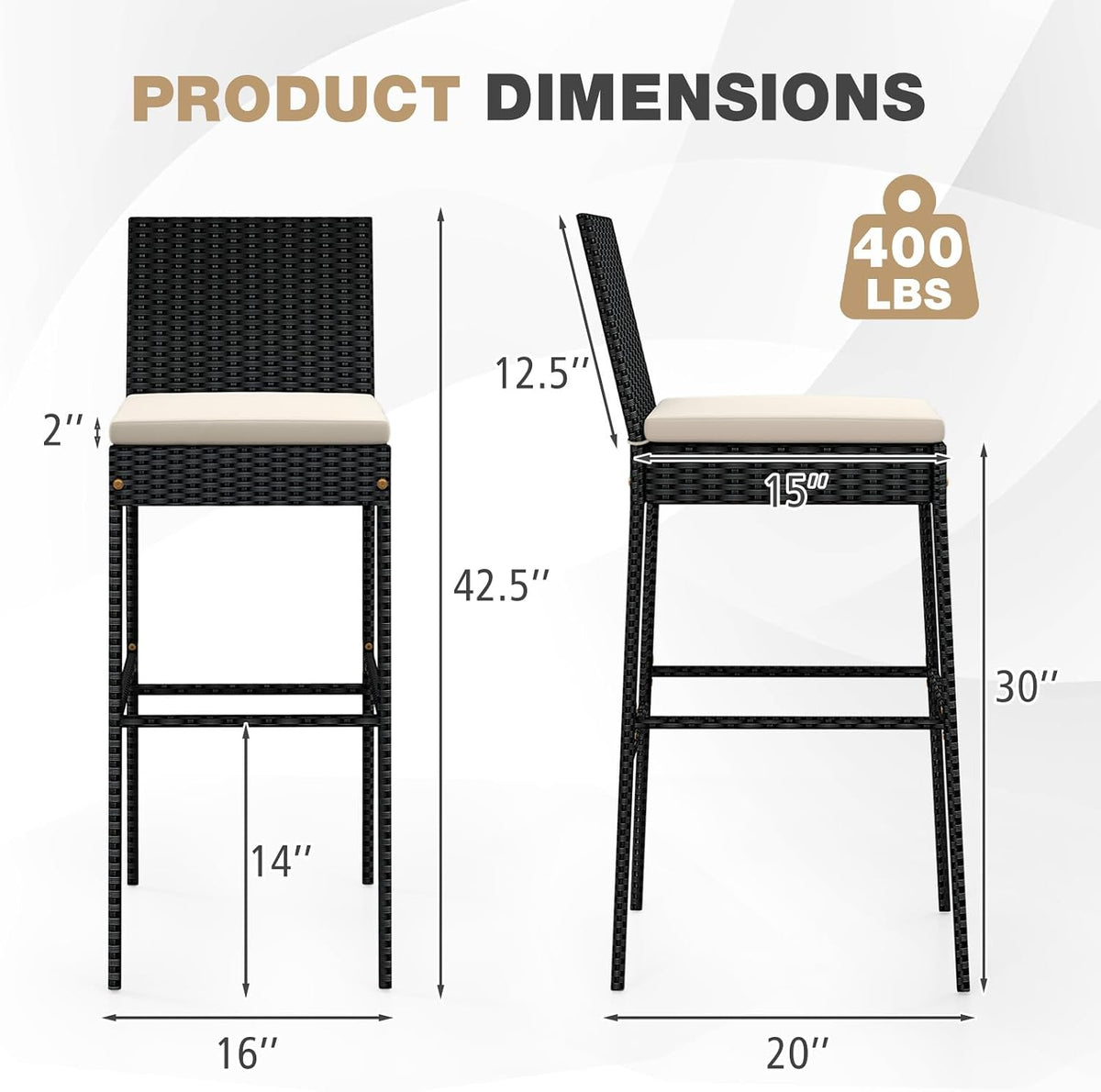 HAPPYGRILL Outdoor Rattan Bar Stools Set of 2, Wicker Bar Chairs