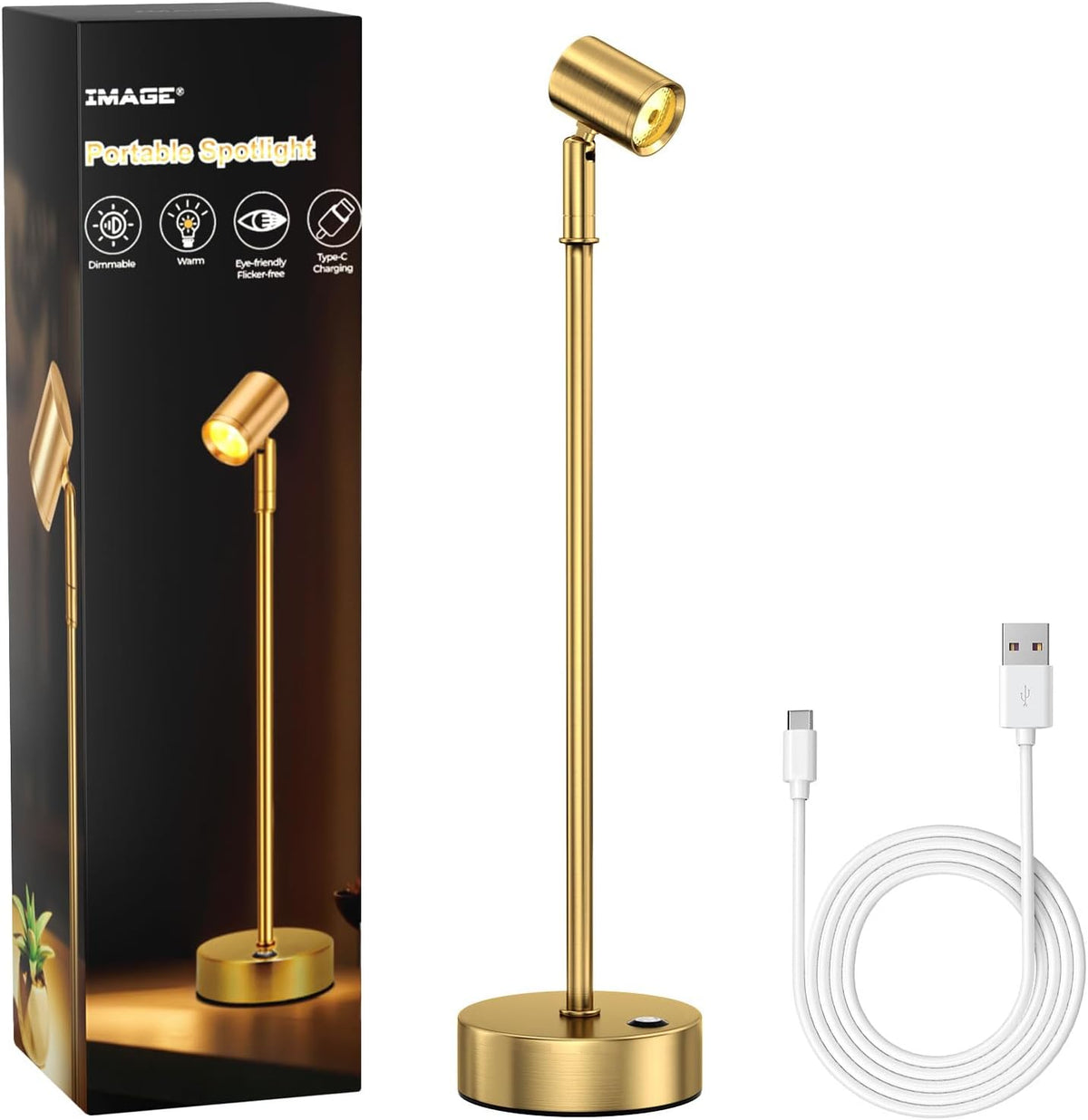 IMAGE Golden Cordless Spotlight High-Power Adjustable Table Accent Light for Plants, Artwork, Jewelry Displays, Shelves, and Cabinet, Warm White Wireless, USB Type-C, for Home, Restaurant, and Bar