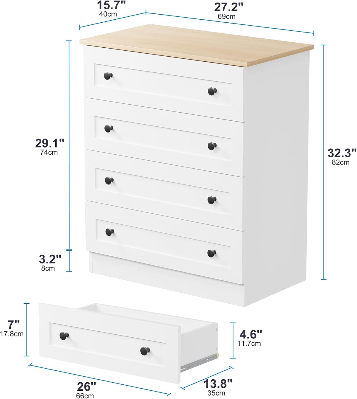 Furnify 4 Drawer Dresser, White Dresser Modern Storage Chest of Drawers, Farmhouse Storage Cabinet Organizer with 4 Drawers for Living Room, Entryway, Hallway, White