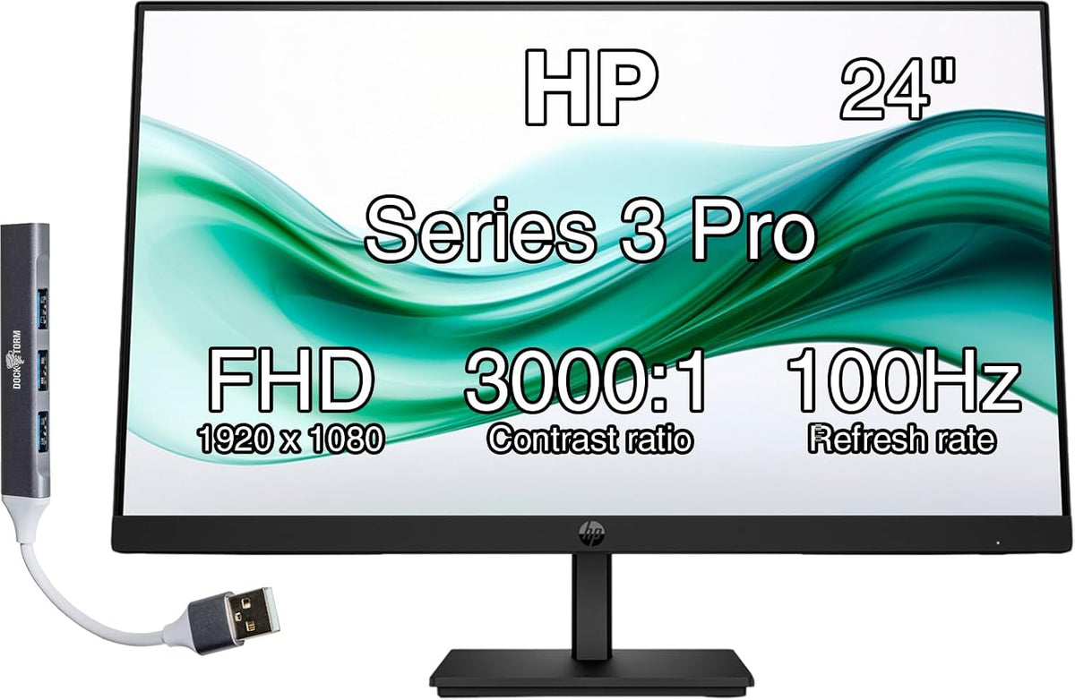 HP 24" Series 3 Pro 324pv FHD Monitor with 5 ms Response Time, Anti-Glare, Flicker Free, VESA Mount (100x100mm), HDMI, VGA & Dockztorm USB Port Expander, Black